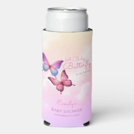 Enfriador De Latas Slim Baby Shower de mariposa de lavanda rosa