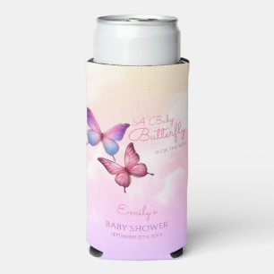 Enfriador De Latas Slim Baby Shower de mariposa de lavanda rosa