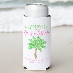 Enfriador De Latas Slim Bachelorette Sip & Celebrate Preppy Palm Personali