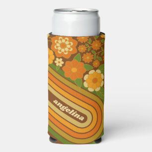 Enfriador De Latas Slim Bandas retro y flores funky con nombre personaliza
