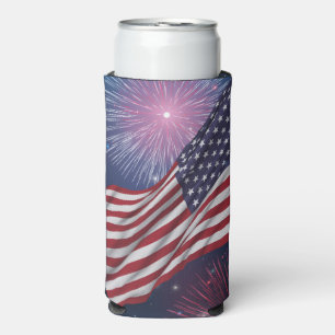 Enfriador De Latas Slim Bandera Americana y Fuegos Artificiales