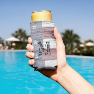 Enfriador De Latas Slim Bandera de los Estados Unidos Monograma de Madera 