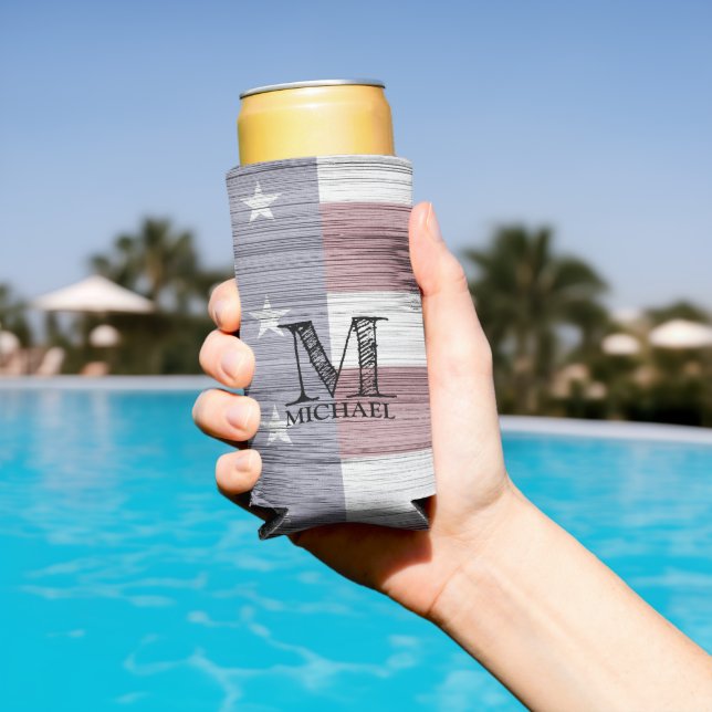 Enfriador De Latas Slim Bandera de los Estados Unidos Monograma de Madera  (Piscina in situ)