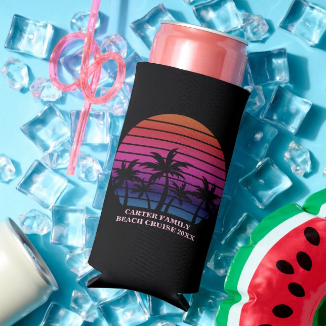 Enfriador De Latas Slim Beach Party Tropical Sunset Pink Black Palm Trees (Verano in situ)