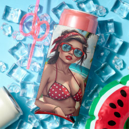 Enfriador De Latas Slim Bikini rojo, gafas de sol y mujer andana