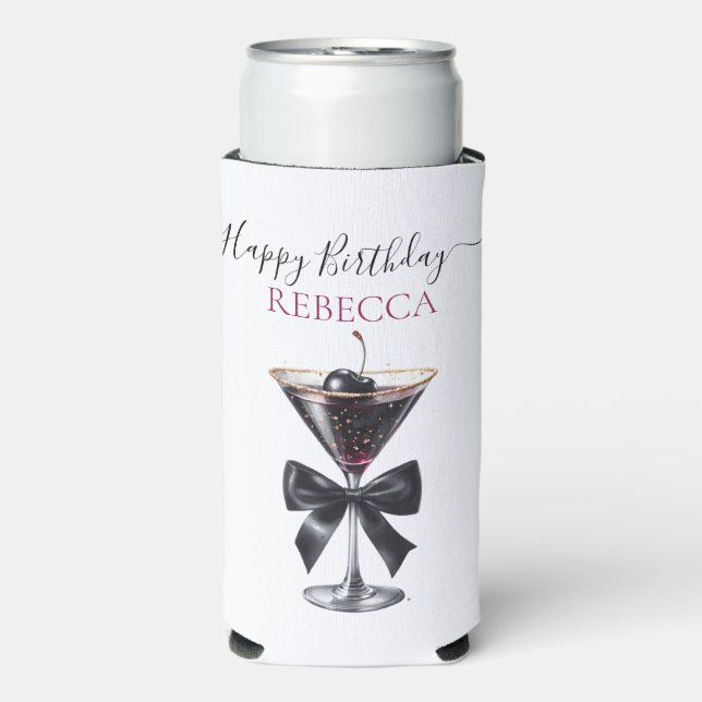 Enfriador De Latas Slim Black Bow Cherry Cocktail Happy Birthday (Frente Agua con Gas)