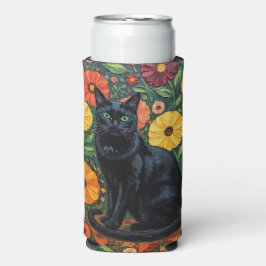 Enfriador De Latas Slim Black Cat and Colorful Folk Art Flowers