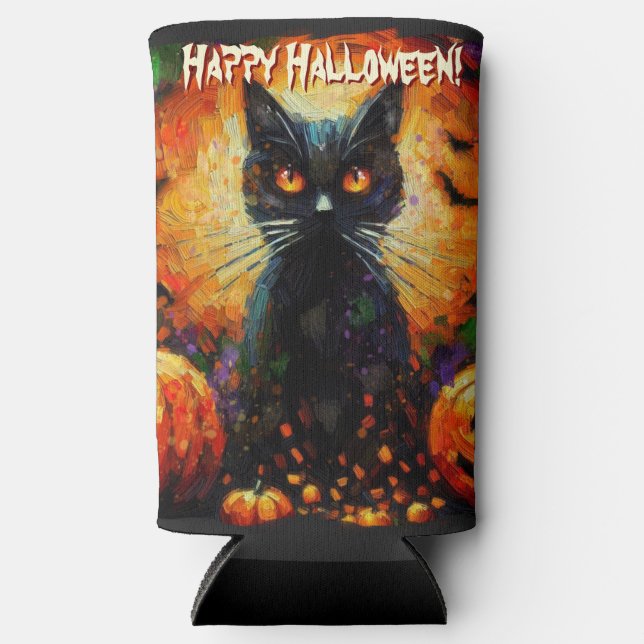 Enfriador De Latas Slim Black Cat Bats Pumpkins Whimsical Personalized (Anverso)