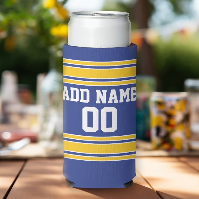 Enfriador De Latas Slim Blue Gold Team Jersey con nombre personalizado (Football Birthday Party Personalized can coolers - add your name)