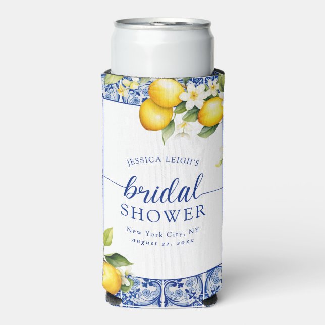 Enfriador De Latas Slim Blue Mediterranean Lemons Bridal Shower (Frente Agua con Gas)
