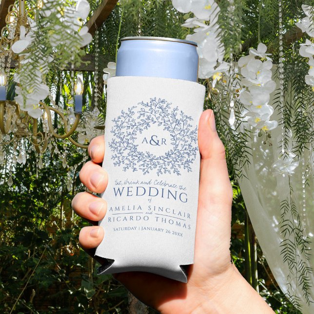 Enfriador De Latas Slim Blue white botanical monogram wedding photo  (Subido por el creador)