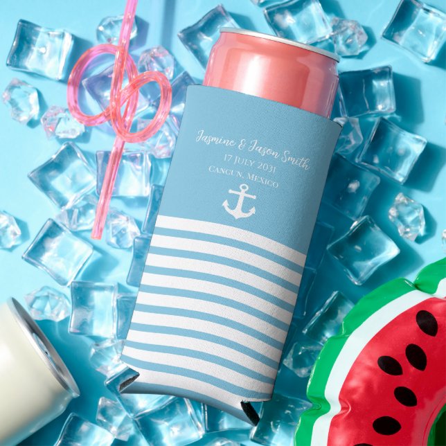 Enfriador De Latas Slim Blue White Personalized Destination Wedding Favor (Verano in situ)
