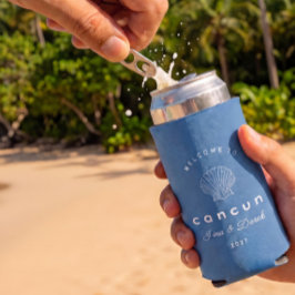 Enfriador De Latas Slim Boda de destino Cancun Azul