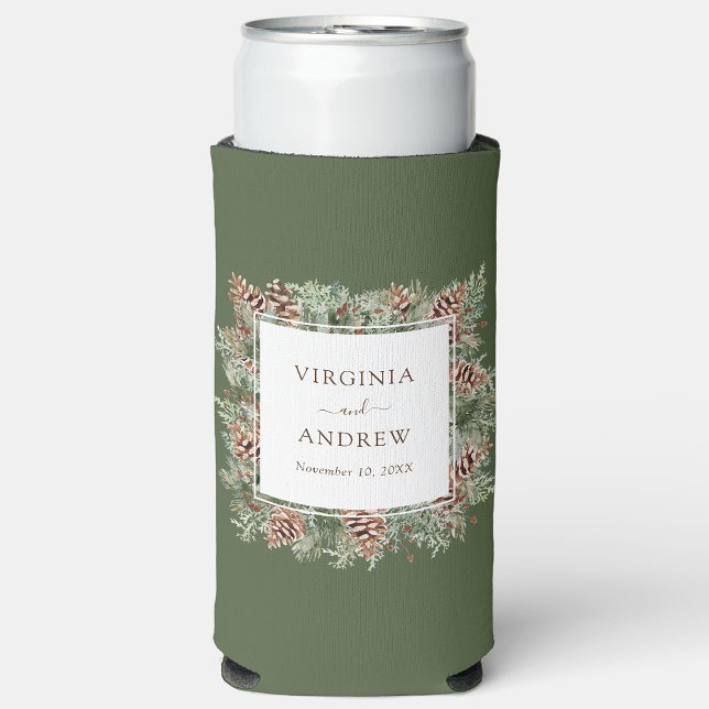 Enfriador De Latas Slim Boda de pino verde (Hunter Green Pinecone Greenery Wedding Seltzer Can Cooler by Painted Paperie
)