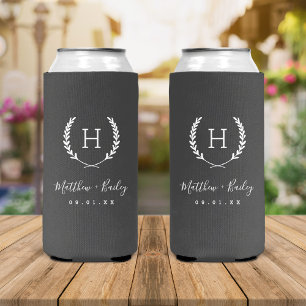Enfriador De Latas Slim Boda  Laurel Escudo Monograma   Carbón