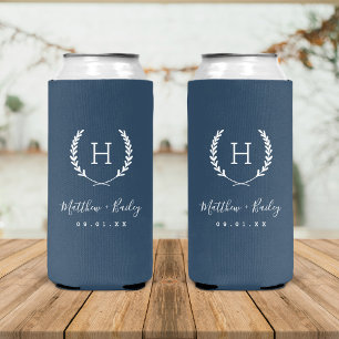 Enfriador De Latas Slim Boda Laurel Escudo Monograma Lago Azul