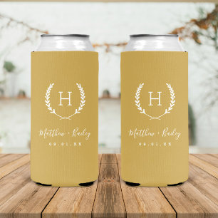 Enfriador De Latas Slim Boda  Laurel Escudo Monograma   Mostaza