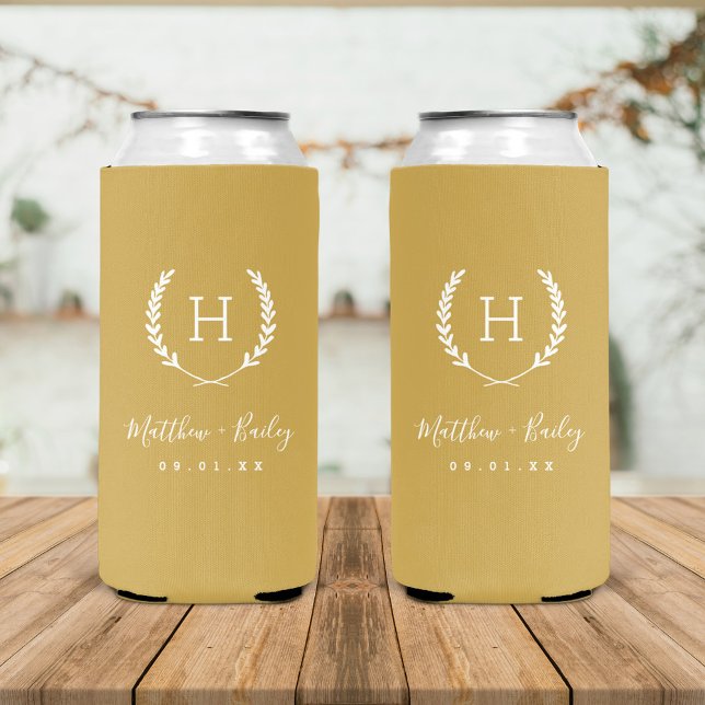 Enfriador De Latas Slim Boda  Laurel Escudo Monograma | Mostaza (Subido por el creador)