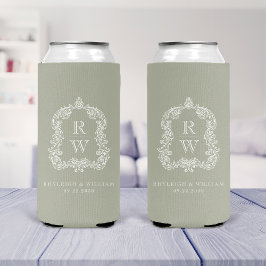 Enfriador De Latas Slim Boda Monograma Cresta Verde Salvia