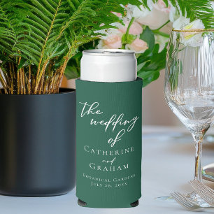 Enfriador De Latas Slim Boda Personalizada Verde Esmeralda con Letra Blanc