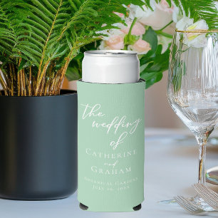 Enfriador De Latas Slim Boda Personalizada Verde Menta Chic Blanco
