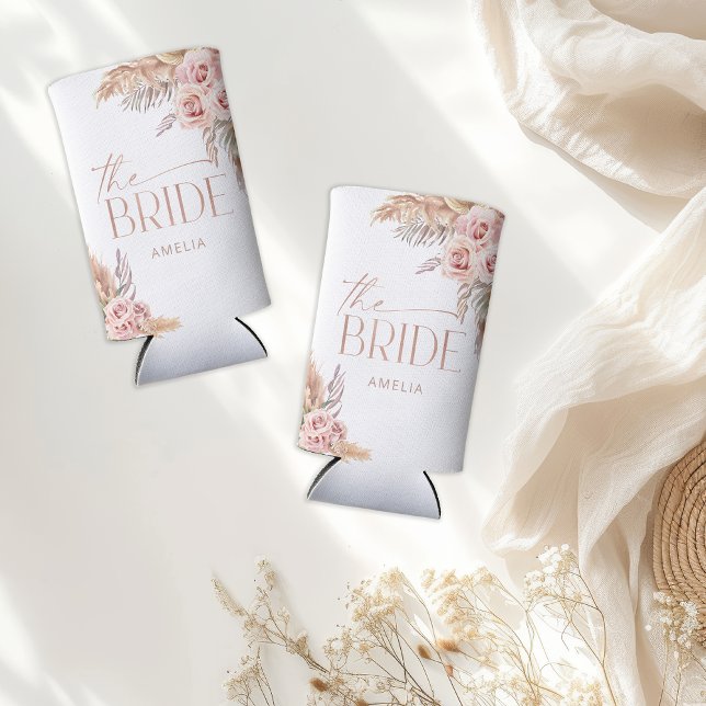 Enfriador De Latas Slim Boho Floral Pampas Rosa Novia de oro (Subido por el creador)