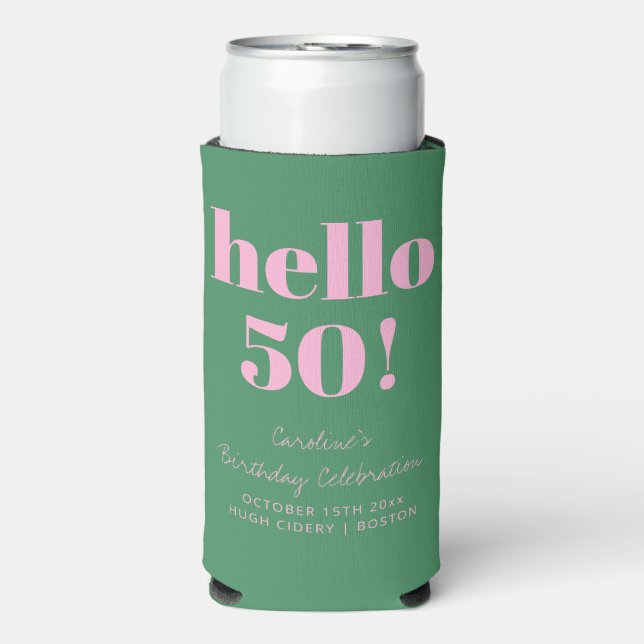 Enfriador De Latas Slim Bold Pink and Green Modern 50th Birthday Custom (Frente Agua con Gas)
