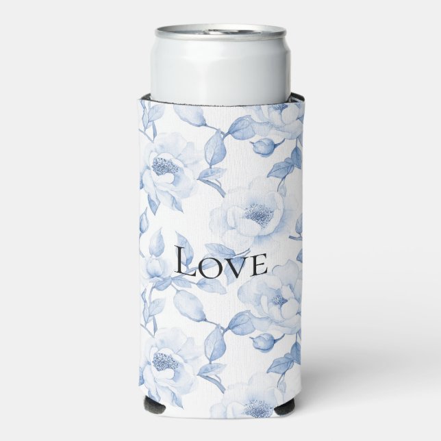 Enfriador De Latas Slim Bonito de moda Flores blancas azules (Frente Agua con Gas)