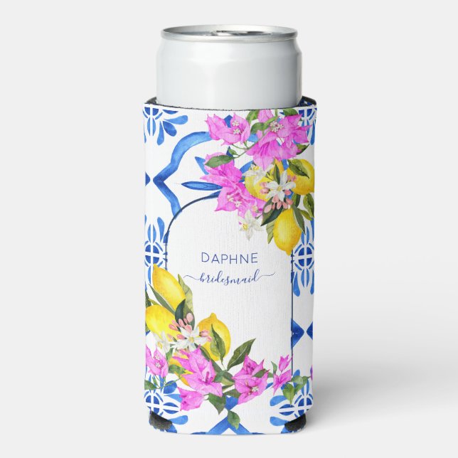 Enfriador De Latas Slim Bridesmaid regalos azulejos azules bougainvilleas  (Frente Agua con Gas)