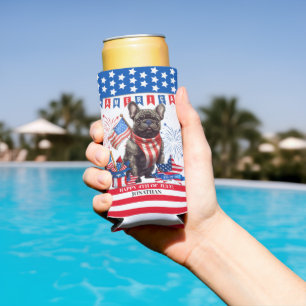 Enfriador De Latas Slim Bulldog Francés Feliz 4 De Julio América Patriótic