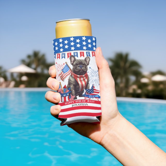 Enfriador De Latas Slim Bulldog Francés Feliz 4 De Julio Patriótico Estado (Piscina in situ)