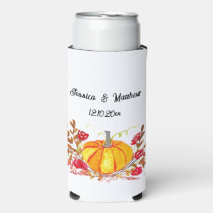 Enfriador De Latas Slim Calabaza de otoño deja Boda acuarela