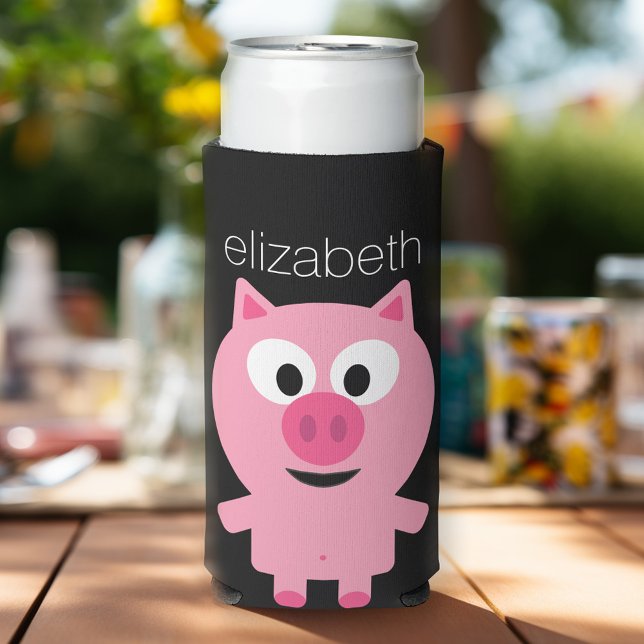 Enfriador De Latas Slim Cerdo Personalizado de granja - rosa y negro (Personalized Seltzer Cooler - add custom text and more)