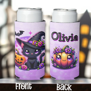 Enfriador De Latas Slim Chibi Halloween Gato negro y calabaza personalizad