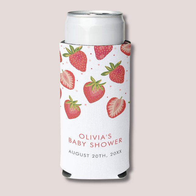 Enfriador De Latas Slim Chicas de fresa Baby Shower (Strawberry baby shower can cooler. Customize with your own event details.)