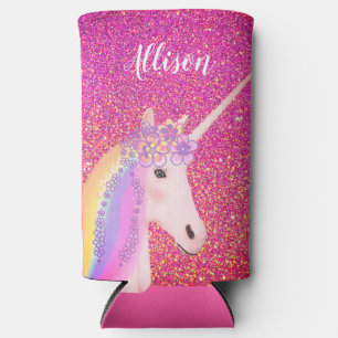 Enfriador De Latas Slim Chicas de Purpurinas rosados de Unicornio con arco