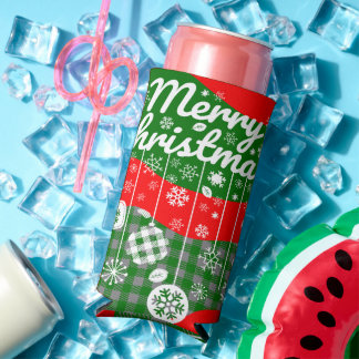 Enfriador De Latas Slim Christmas Cooler – White Ornaments & Merry Xtmas