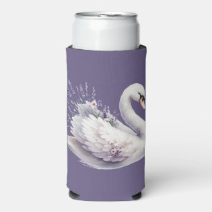 Enfriador De Latas Slim Cisne en acuarela con flores de lavanda
