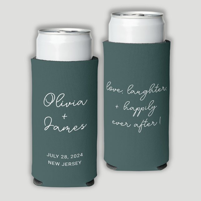 Enfriador De Latas Slim Cita de boda verde forestal moderna (Forest green wedding can coolers. Customize with names/date/location to front. Quote on reverse.)
