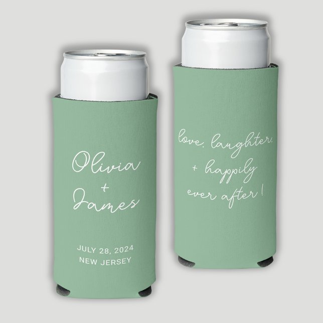 Enfriador De Latas Slim Cita moderna de boda verde sabio (Sage green wedding can coolers. Customize with names/date/location to front. Quote on reverse.)
