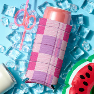 Enfriador De Latas Slim Clásico Estético de Cuadros Rosa de Frambuesa