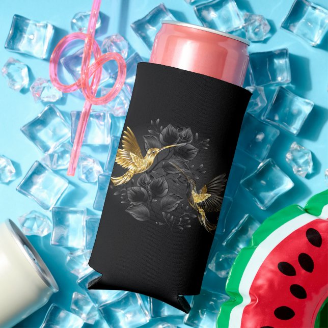 Enfriador De Latas Slim Colibrí negro y dorado (Verano in situ)