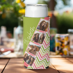 Enfriador De Latas Slim Collage personalizado de 4 fotos con chevrones de