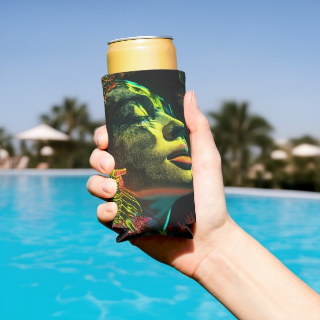 Enfriador De Latas Slim Coralpunk Neon Woman , Vibrante Bedroom Art (Piscina in situ)