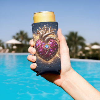 Enfriador De Latas Slim Corazón Místico Dorado Coronado en el Espacio