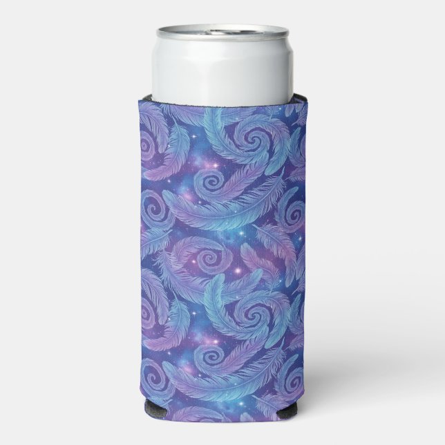 Enfriador De Latas Slim Cosmic Teal-Purple Feather Swirl Pattern (Frente Agua con Gas)