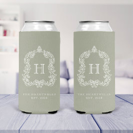 Enfriador De Latas Slim Cresta Botánica Monograma Verde Salvia Boda