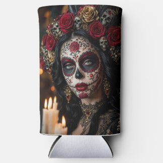 Enfriador De Latas Slim Crimson Rose Calavera – Elegante Día de Muertos