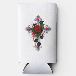 Enfriador De Latas Slim Cruz de Plata con una Rosa Roja