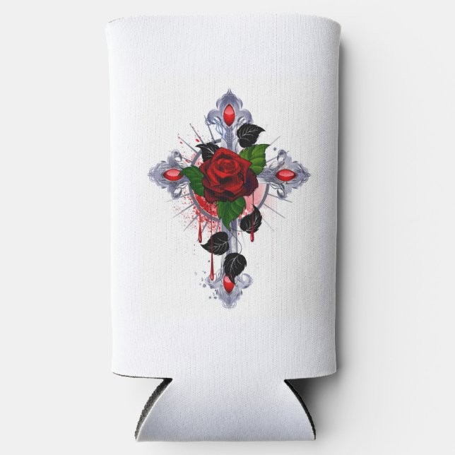 Enfriador De Latas Slim Cruz de Plata con una Rosa Roja (Anverso)